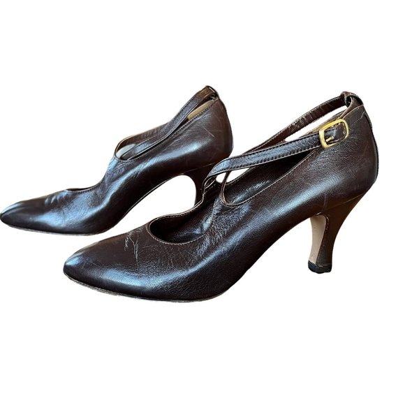 Vintage Jean Marie Chocolate Brown Leather Criss-Cross Strap Pumps Italy - Picture 6 of 15